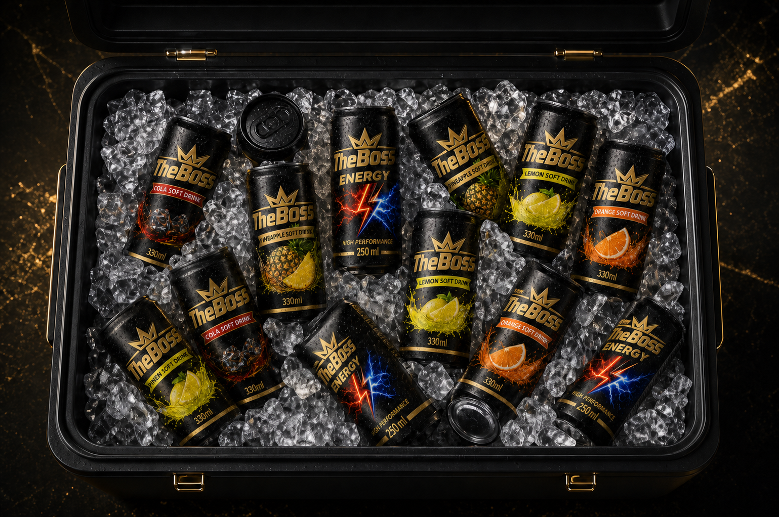 Top view of a black premium ice cooler filled with THE BOSS Cola, Energy, Pineapple, Lemon and Orange cans